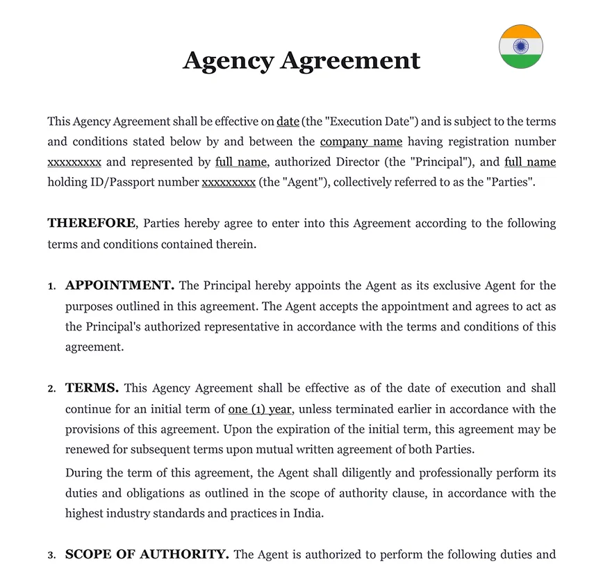 Agency agreement India