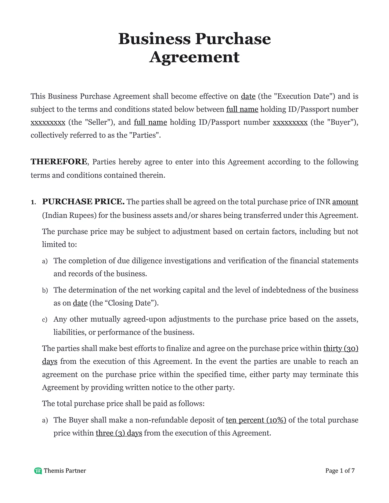 Business purchase agreement India 1