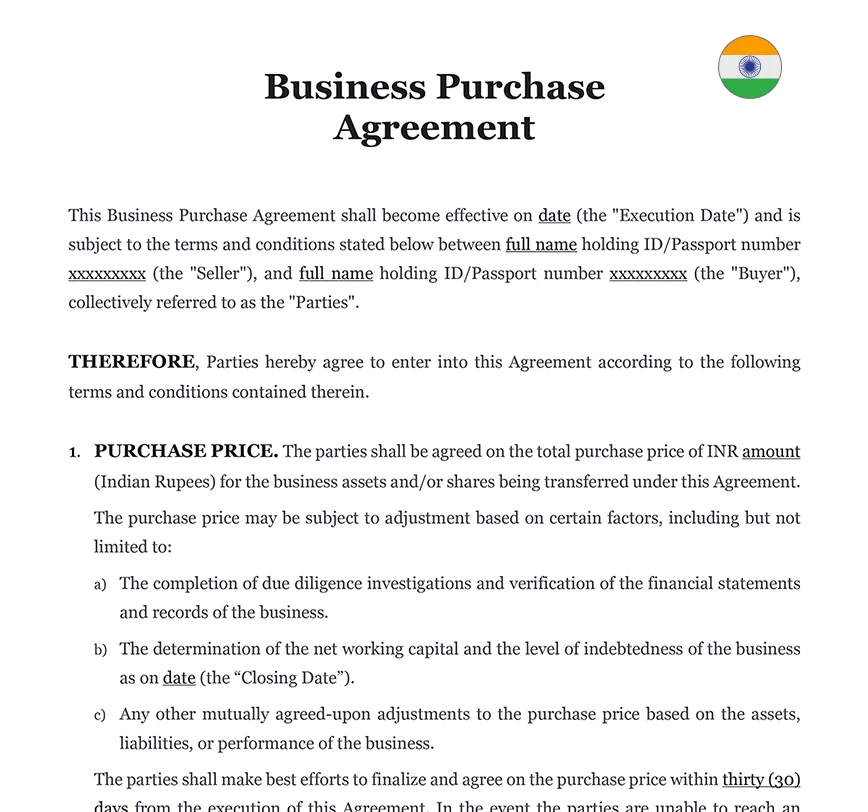 Business purchase agreement India