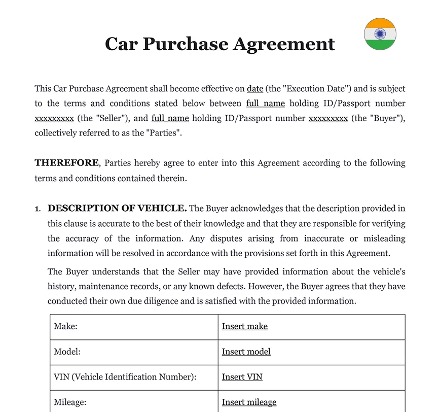 Car purchase contract India