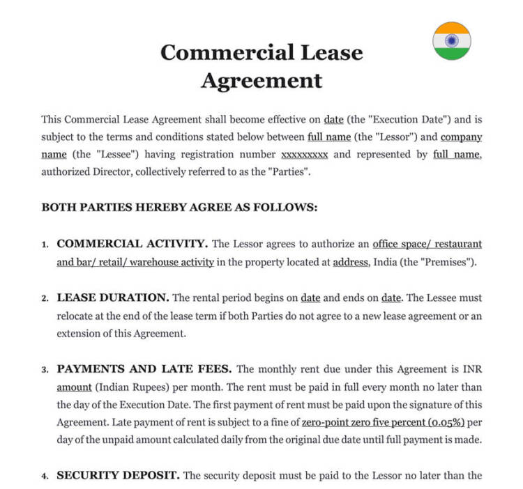 Commercial Lease Agreement in India | Download Word Template