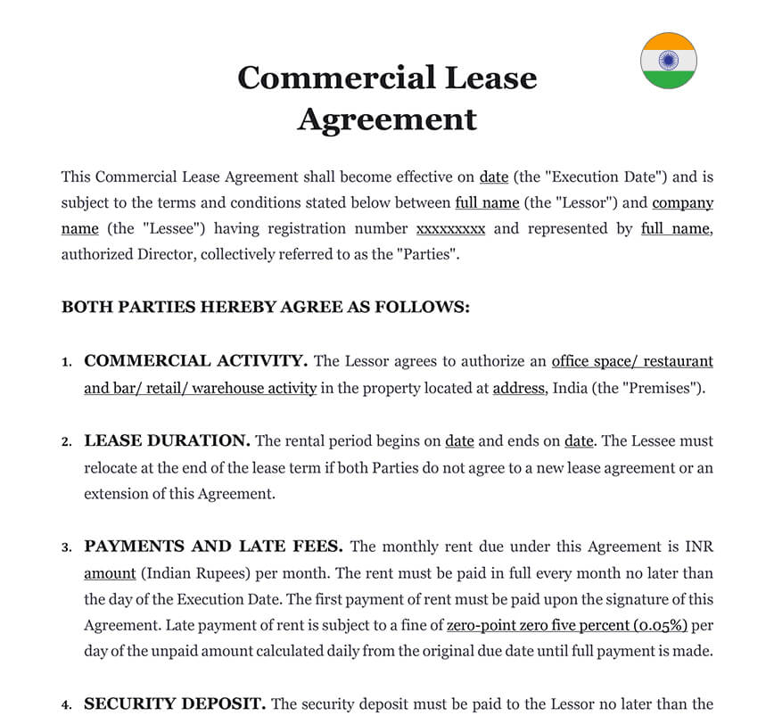 Commercial lease agreement India