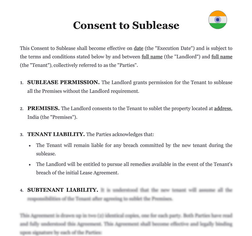 Consent to sublease letter India