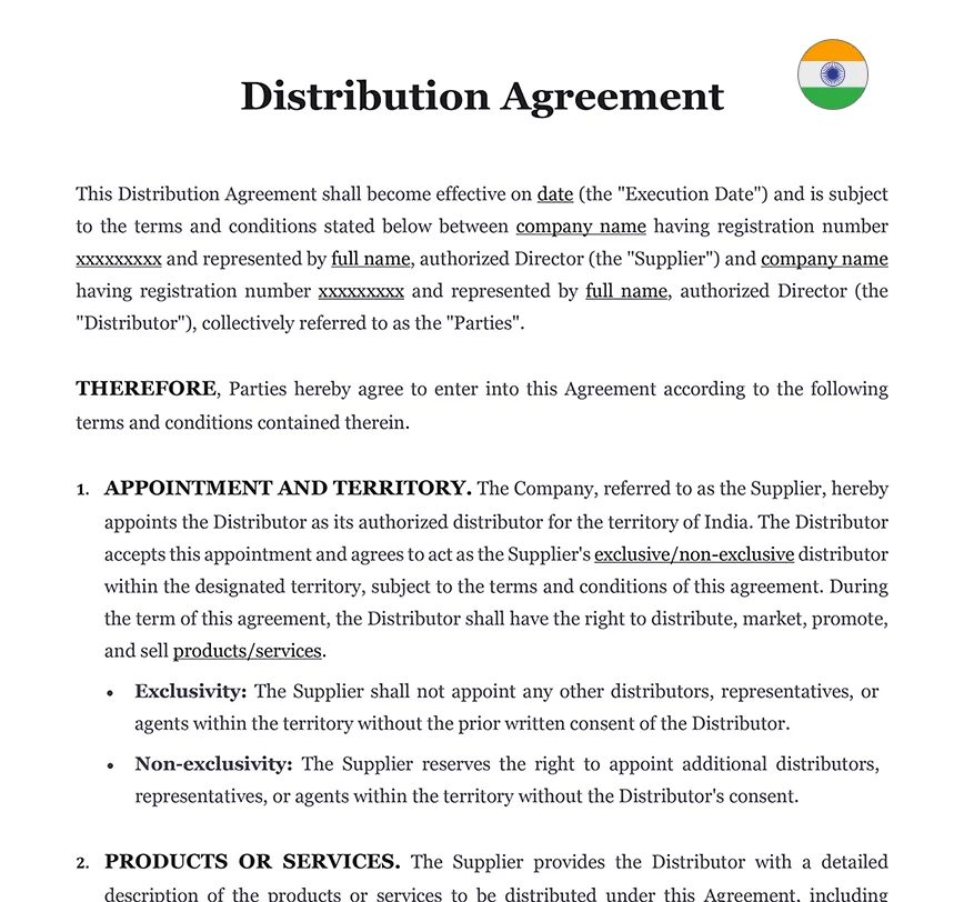 Distribution agreement India