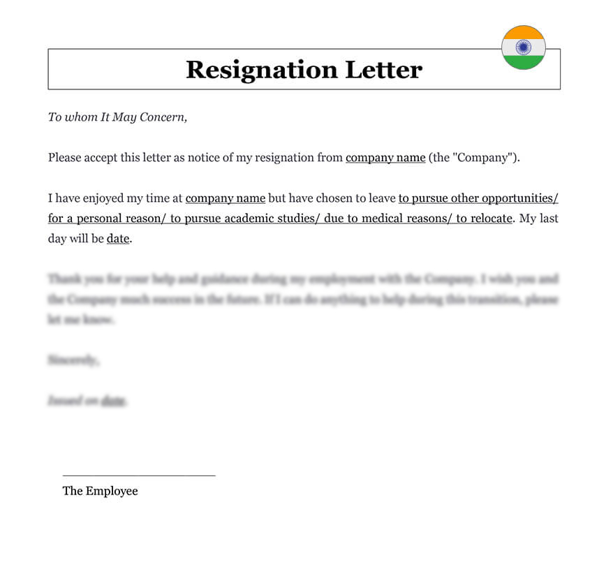 Employee resignation letter India