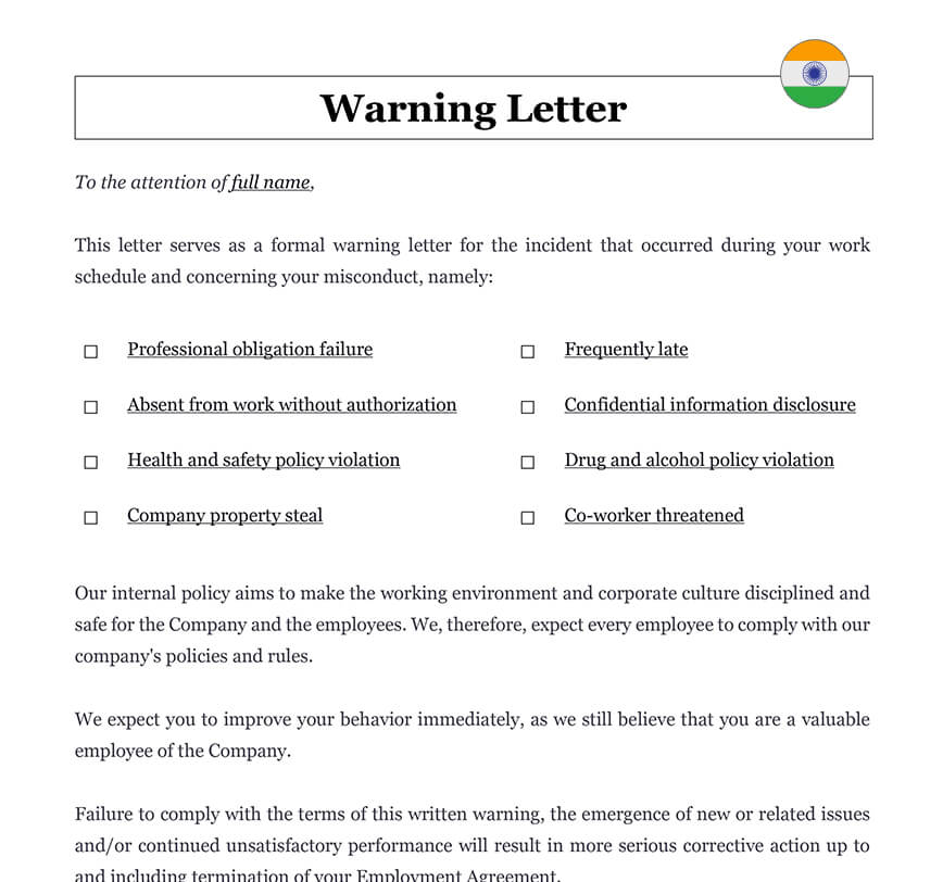 Employee warning letter India