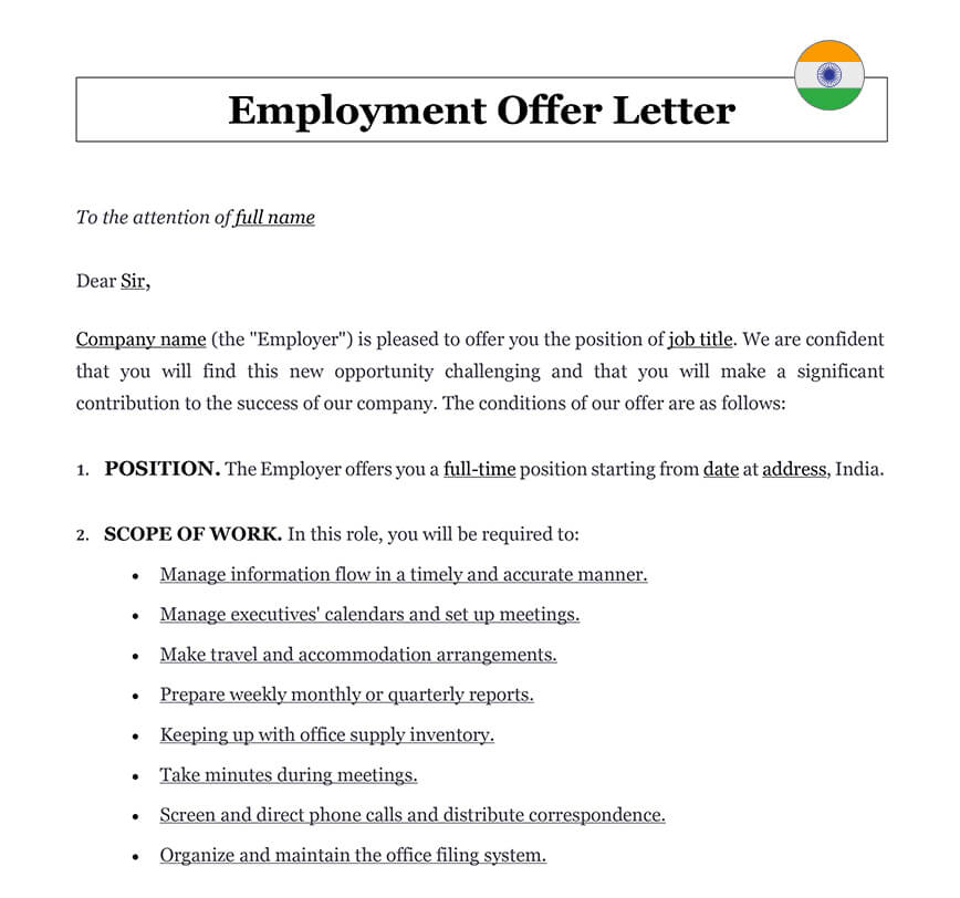 Employment offer letter India