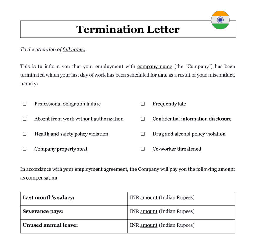 Employment termination letter India
