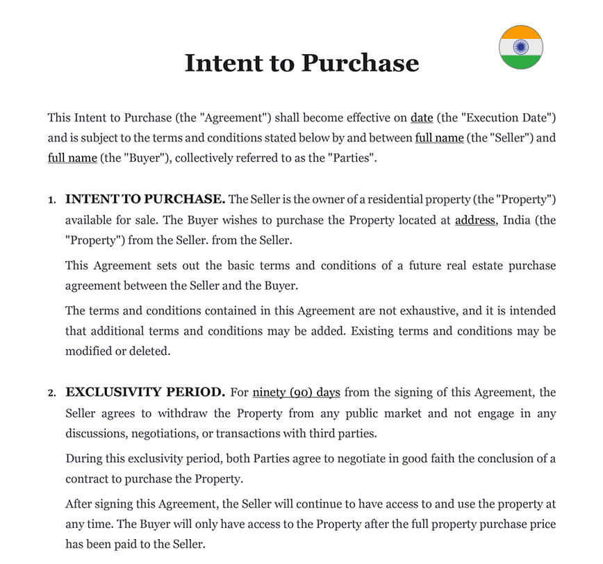 Intent to purchase letter India