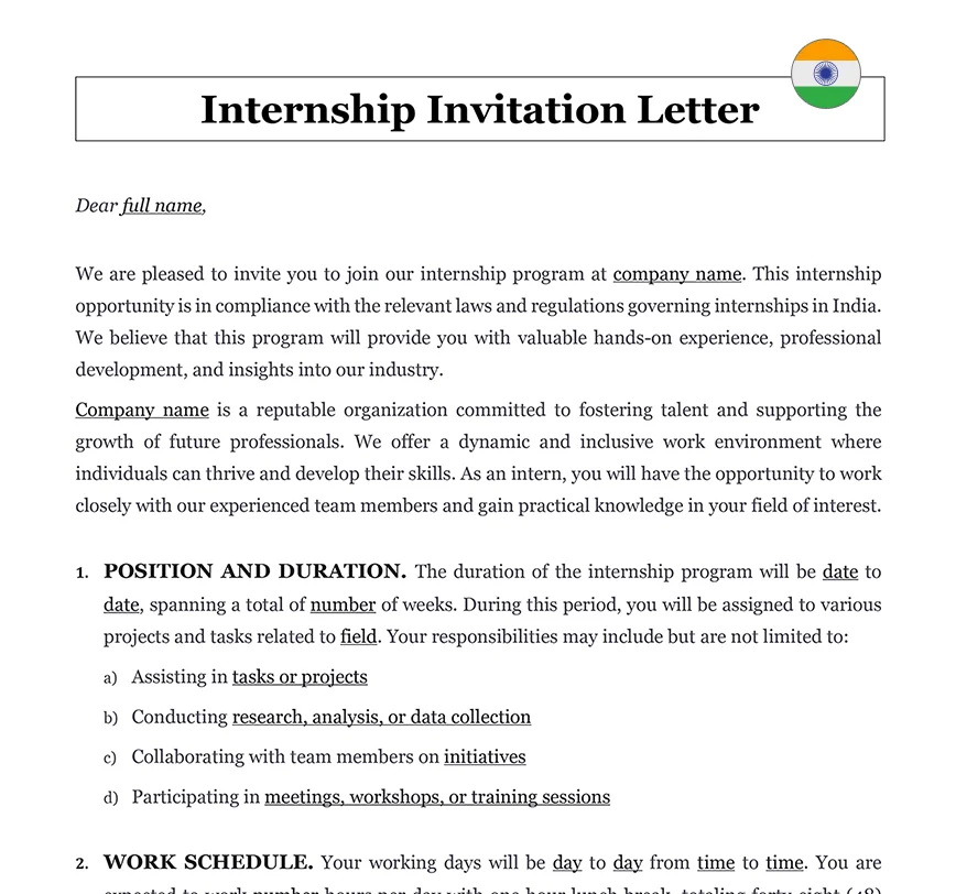 Internship invitation letter India