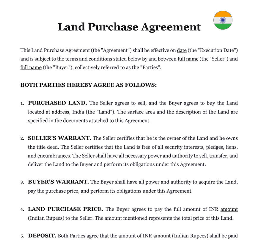 Land Purchase Agreement In India Download Word Template