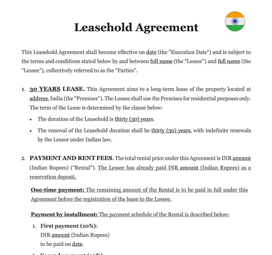 Leasehold agreement India