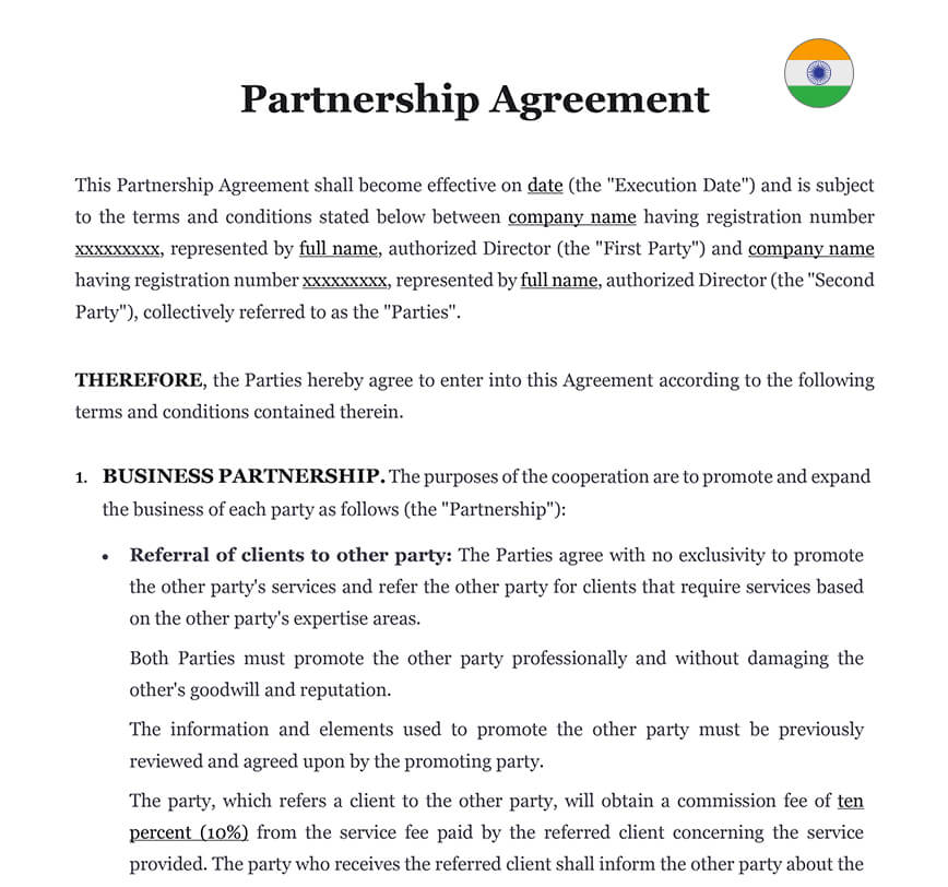 Partnership Agreement in India Download Word Template (.doc)