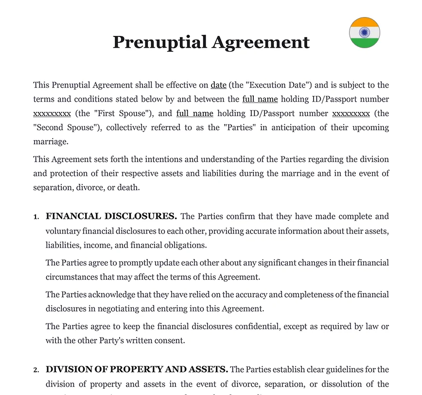 Prenuptial Agreement In India Download Word Template doc 