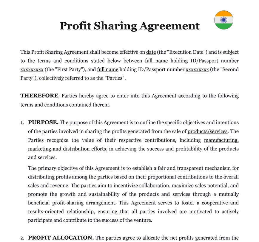 Profit sharing agreement India