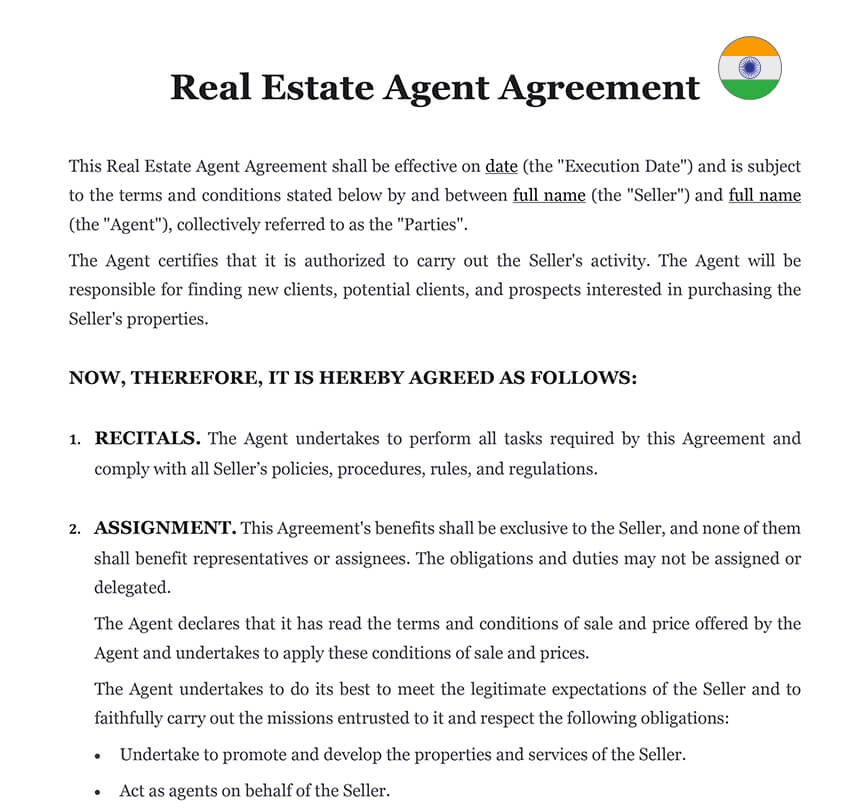Real estate agent agreement India