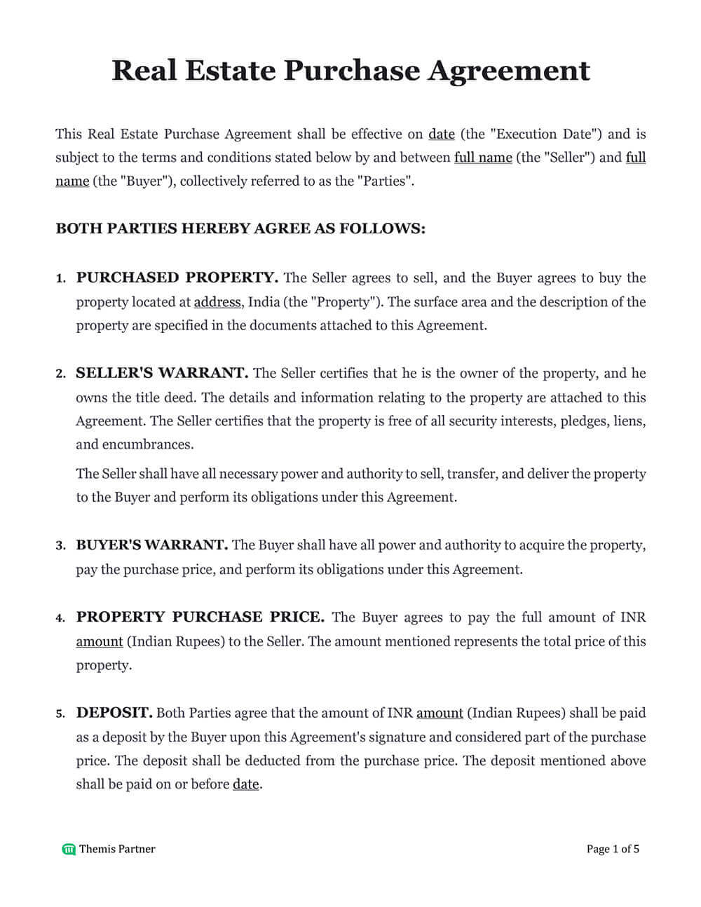 Real estate purchase agreement template