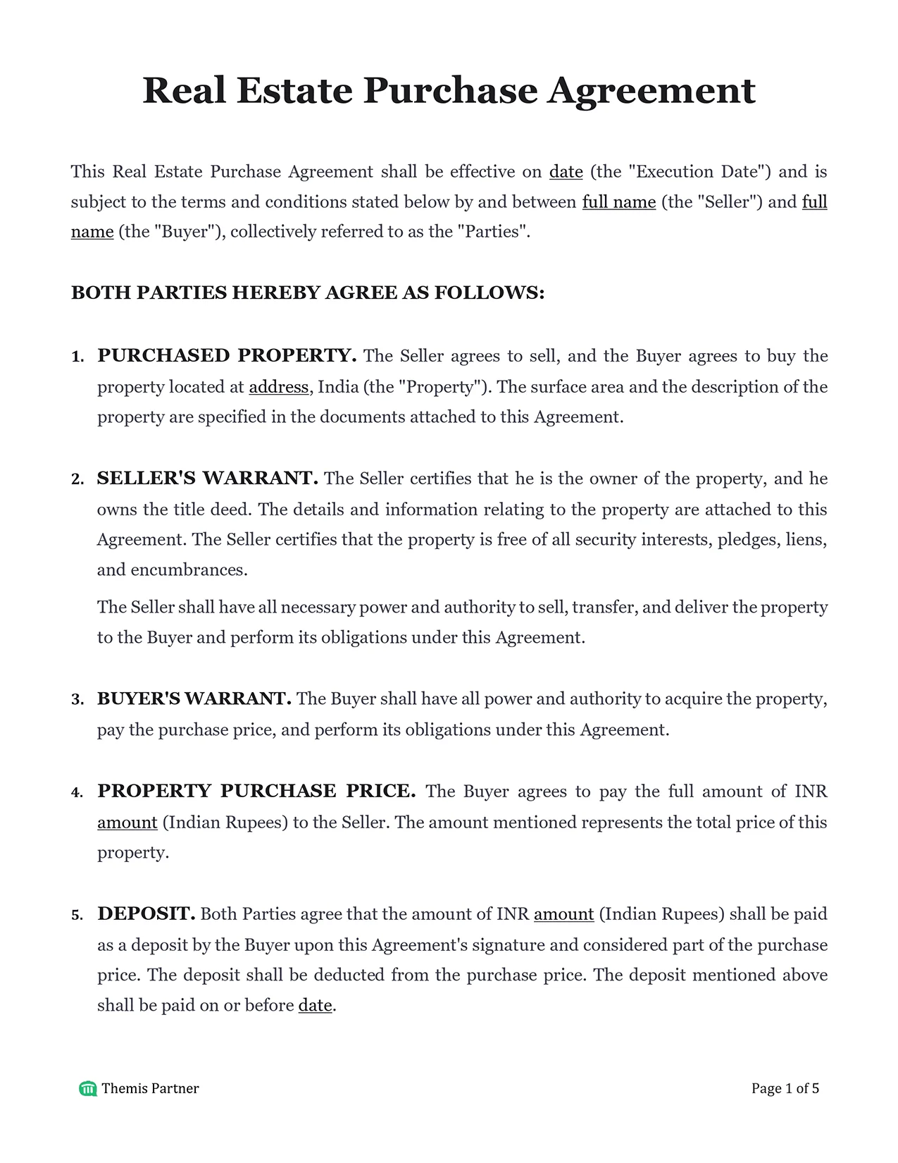 Real estate purchase agreement India 1