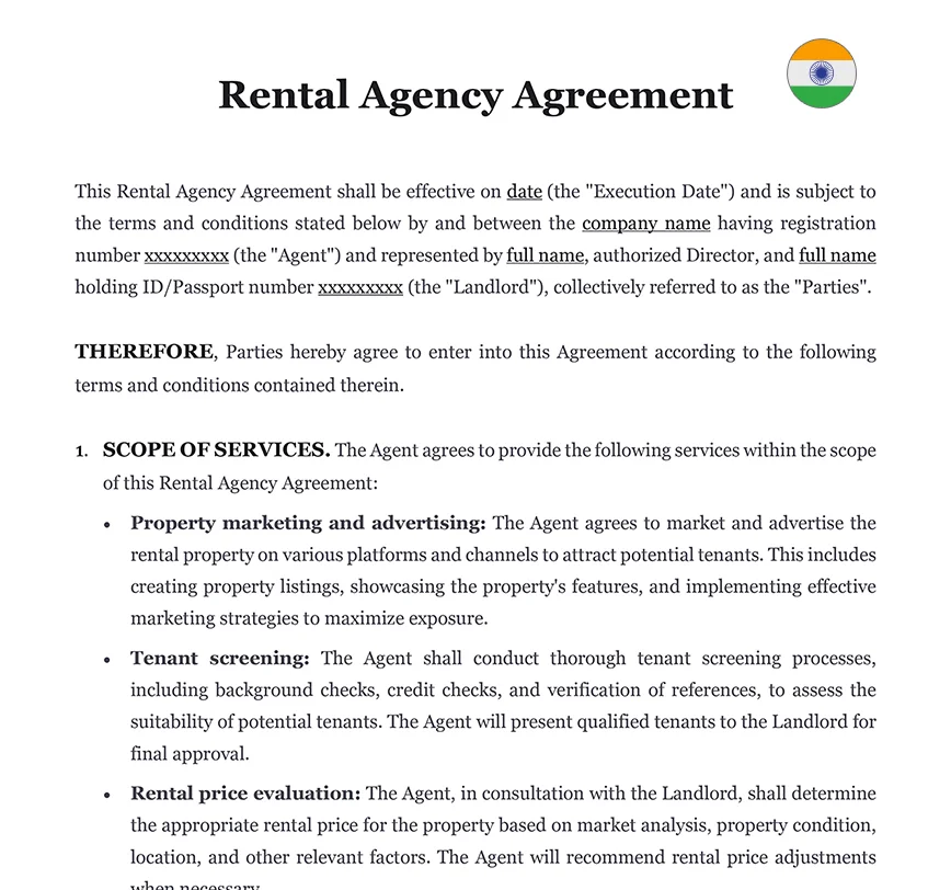 Rental agency agreement India