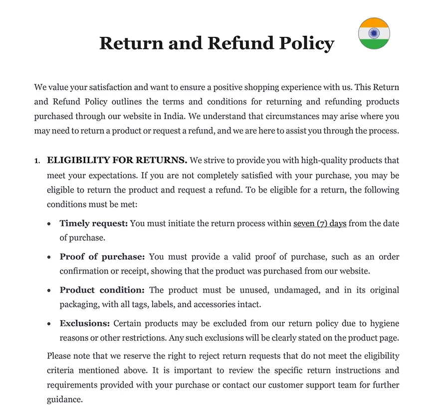 Return and refund policy India