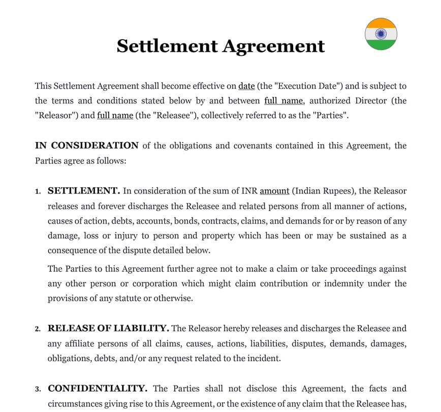 Settlement Agreement In India Download Word Template doc 