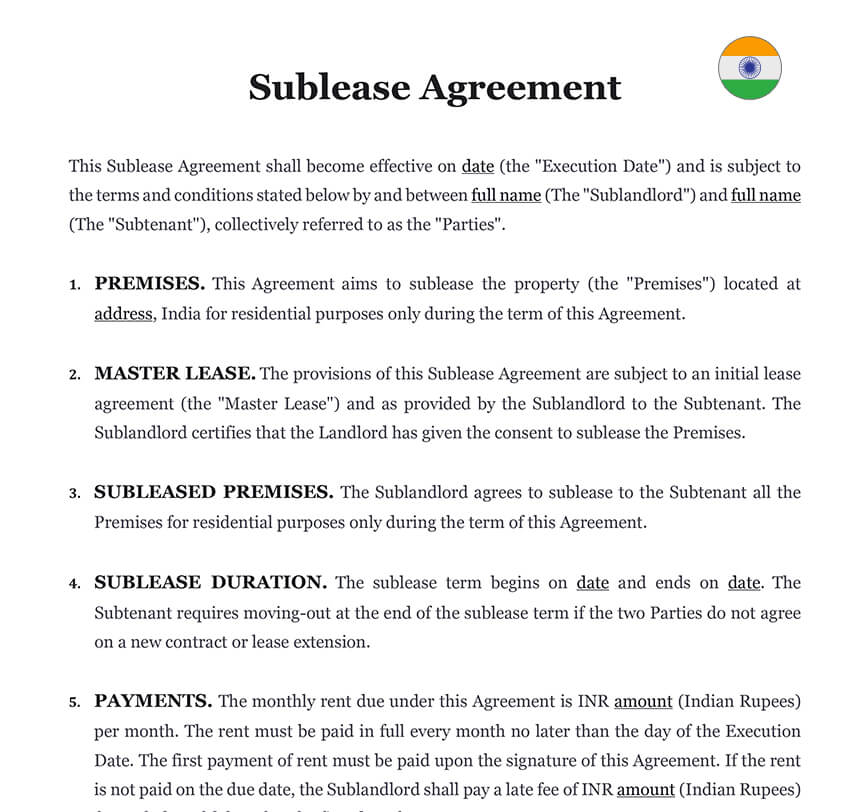 Sublease agreement India