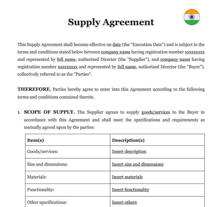 Supply agreement India